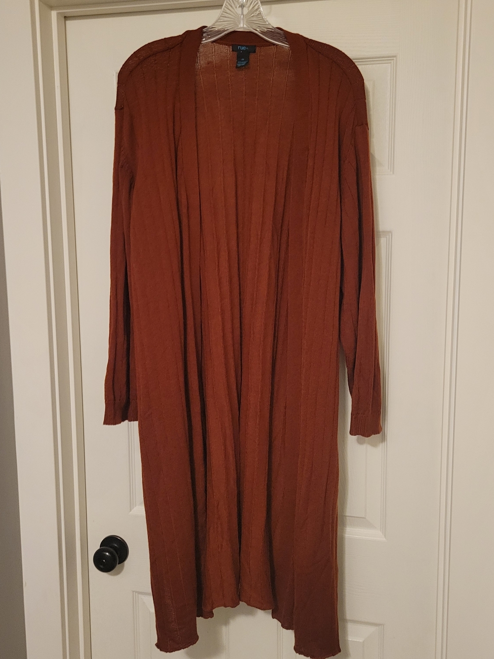 Long Sleeve Open-Front Rust Ribbed Knit Cardigan with Side Slits